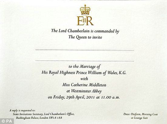 prince william wedding invitation card. wedding of Prince William