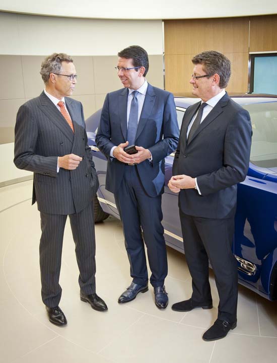 Wolfgang Dürheimer (left) with Massimiliano Pogliani (centre) and Kevin Rose at Bentley Motors 