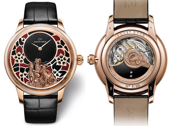 Reference:J005023278 Movement: Jaquet Droz 2653, self-winding mechanical movement, double barrel, 18-carat red gold oscillating weight with onyx and 22-carat red gold goat applique, hand-engraved and hand-patinated. Indications:Off-centered hours and minutes Jewelling: 28 jewels Power reserve: 68 hours Frequency:28,800 v.p.h Case:18-carat red gold Height 13.77 mm Individual limited serial number engraved on the case-back Diameter:41mm Water resistance: 3 bar (30 meters) Dial:18-carat red gold dial with champlevé enamel in two colors, hand-engraved and hand-patinated 18-carat red gold goat relief applique, onyx center. Hands: 18-carat red gold Strap: Rolled-edge hand-made black alligator leather strap Buckle:18-carat red gold ardillon Numerus clausus: 28