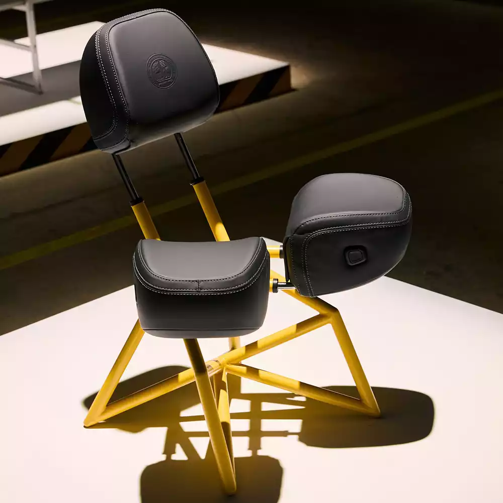 Detailed view of MSCHF x Mercedes-AMG chair made entirely of headrests