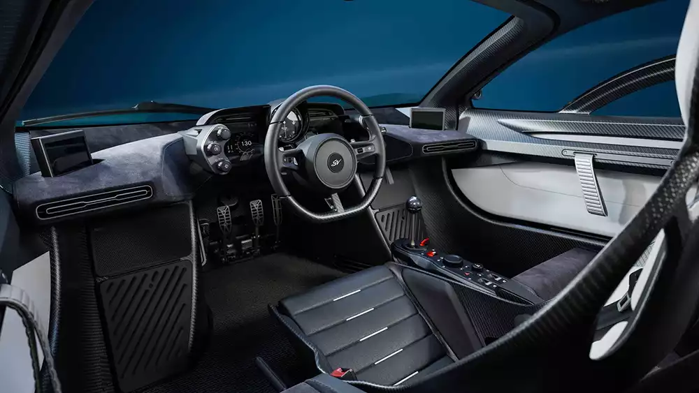 Driver's view of the track-focused interior of the Gordon Murray Le Mans GTR