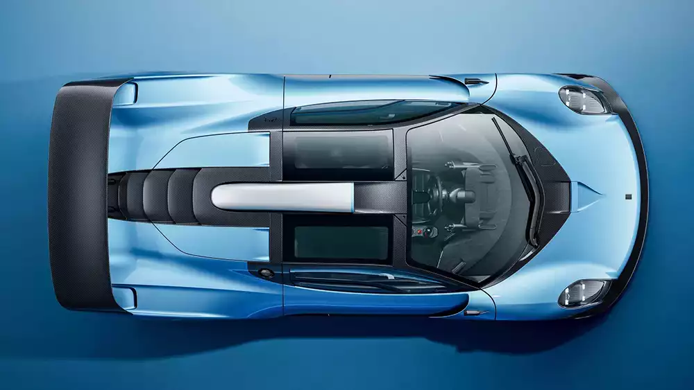 Overhead aerial view of the Gordon Murray Le Mans GTR, showing the roof-mounted air intake