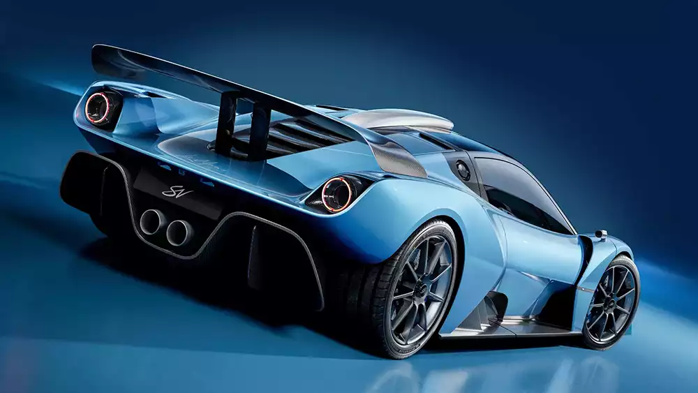 Rear view of the Gordon Murray Le Mans GTR, showing its large wing and central twin exhausts