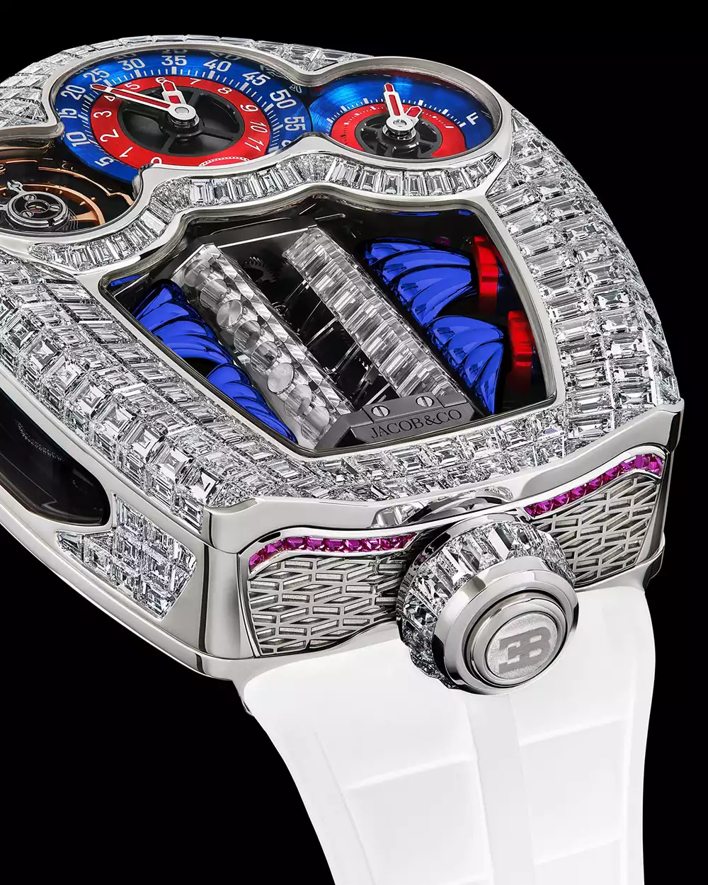 Detailed close-up of the sapphire crystal V16 engine automaton on the Jacob & Co. Bugatti Tourbillon Baguette