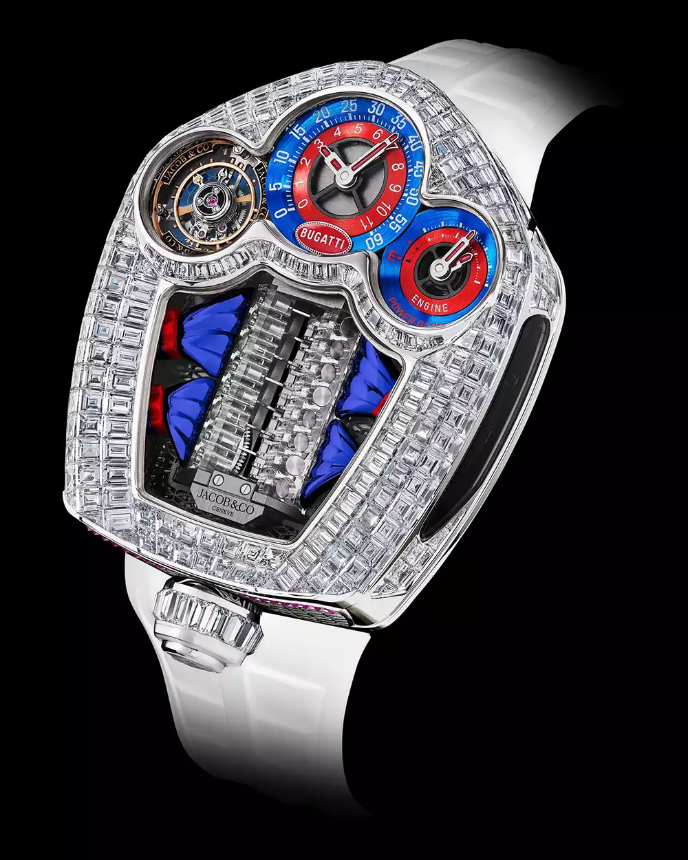 Full view of the Jacob & Co. Bugatti Tourbillon Baguette watch with its white gold case invisibly set with diamonds