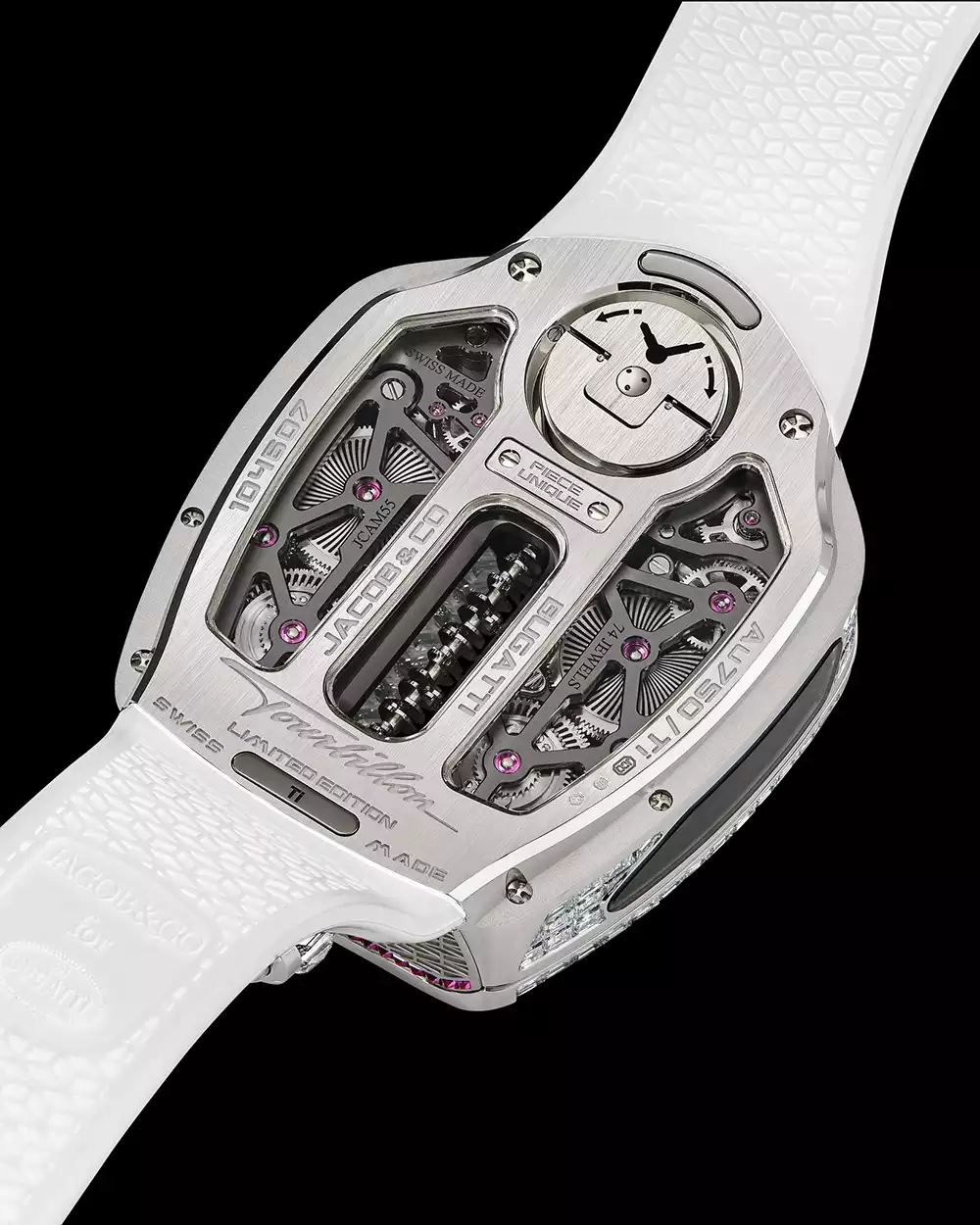 The intricate caseback of the Bugatti Tourbillon watch, showing the Caliber JCAM55 movement and 'Piece Unique' engraving