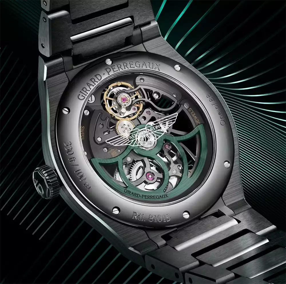 Sapphire crystal caseback of the Laureato Skeleton watch with the Aston Martin logo over the GP01800 movement