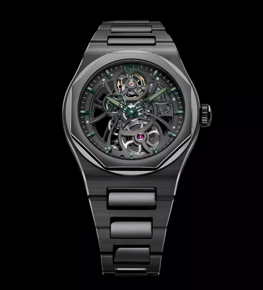 Dial of the Girard-Perregaux Laureato Skeleton Aston Martin watch featuring the openworked movement and green hands