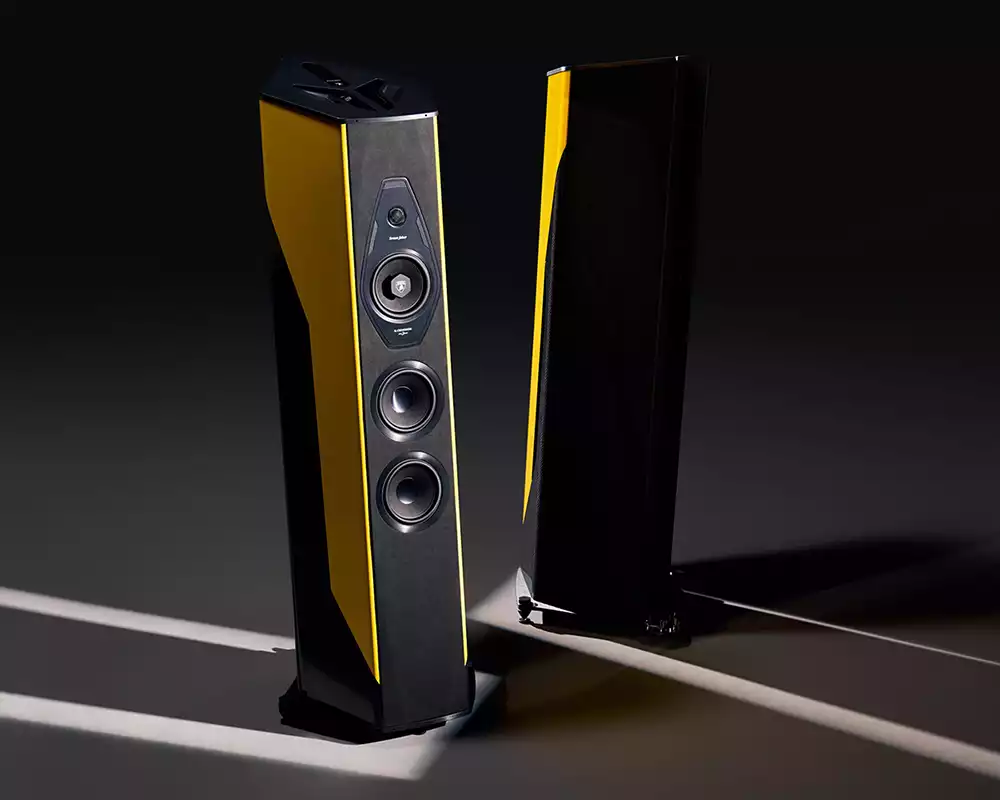 Detailed close-up of a Sonus faber Il Cremonese Ex3me Lamborghini Edition loudspeaker, showing the driver array and carbon fiber details