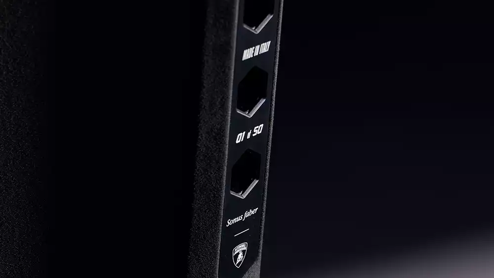 Rear panel of the Sonus faber speaker showing the '01 of 50' limited edition number, Sonus faber logo, and Lamborghini shield