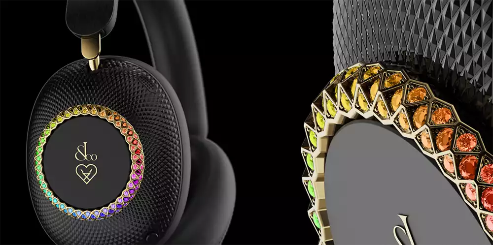 Close-up detail of the Loewe x Jacob & Co Noir Rainbow headphones featuring the 14K rose gold ring with colored gemstones