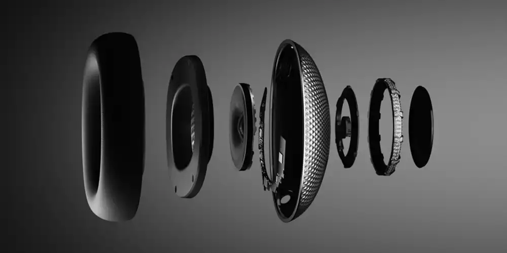 Exploded view of the Loewe headphones, showcasing the internal audio components and expert craftsmanship