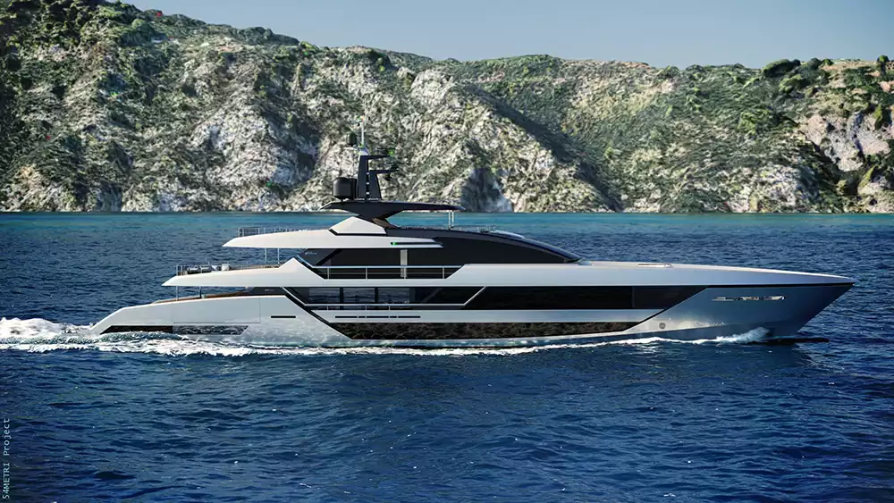 Sleek side profile of the Riva 54 Metri superyacht, showcasing its Moon Grey hull and elegant lines on the water