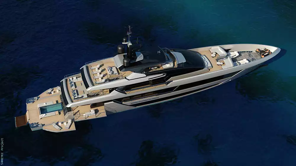 Aerial view of the Riva 54 Metri's expansive sun deck, highlighting the luxurious lounge areas and opulent primary suite