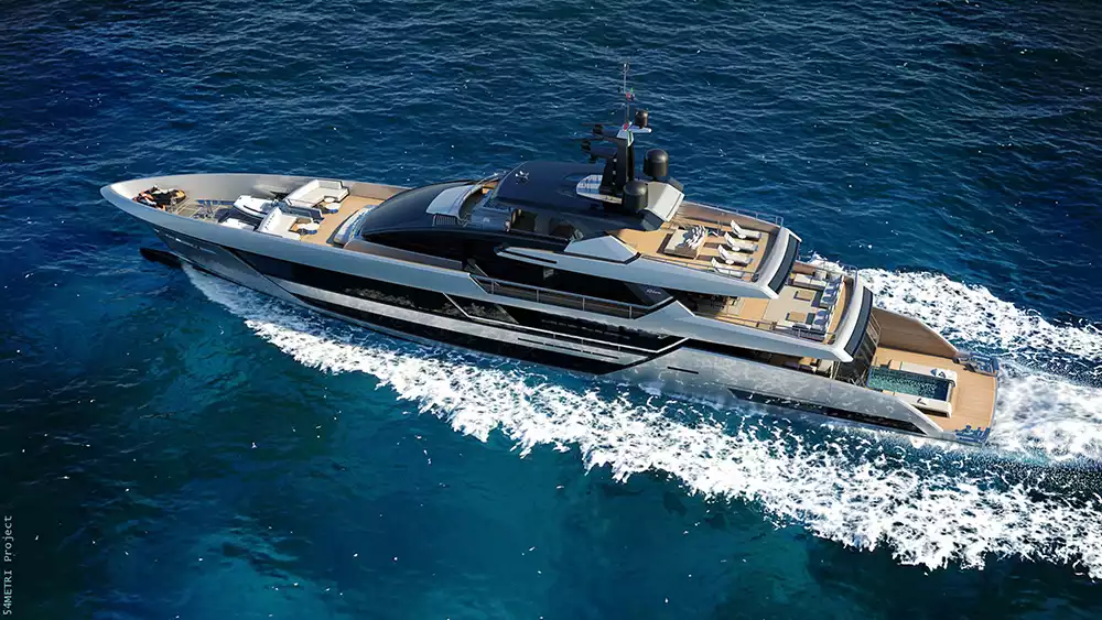 The Riva 54 Metri superyacht cruising at speed, demonstrating its powerful performance and design on the open sea
