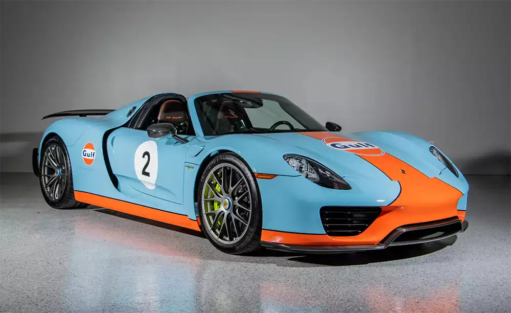 2015 Porsche 918 Weissach Gulf Spyder in iconic light blue and orange livery