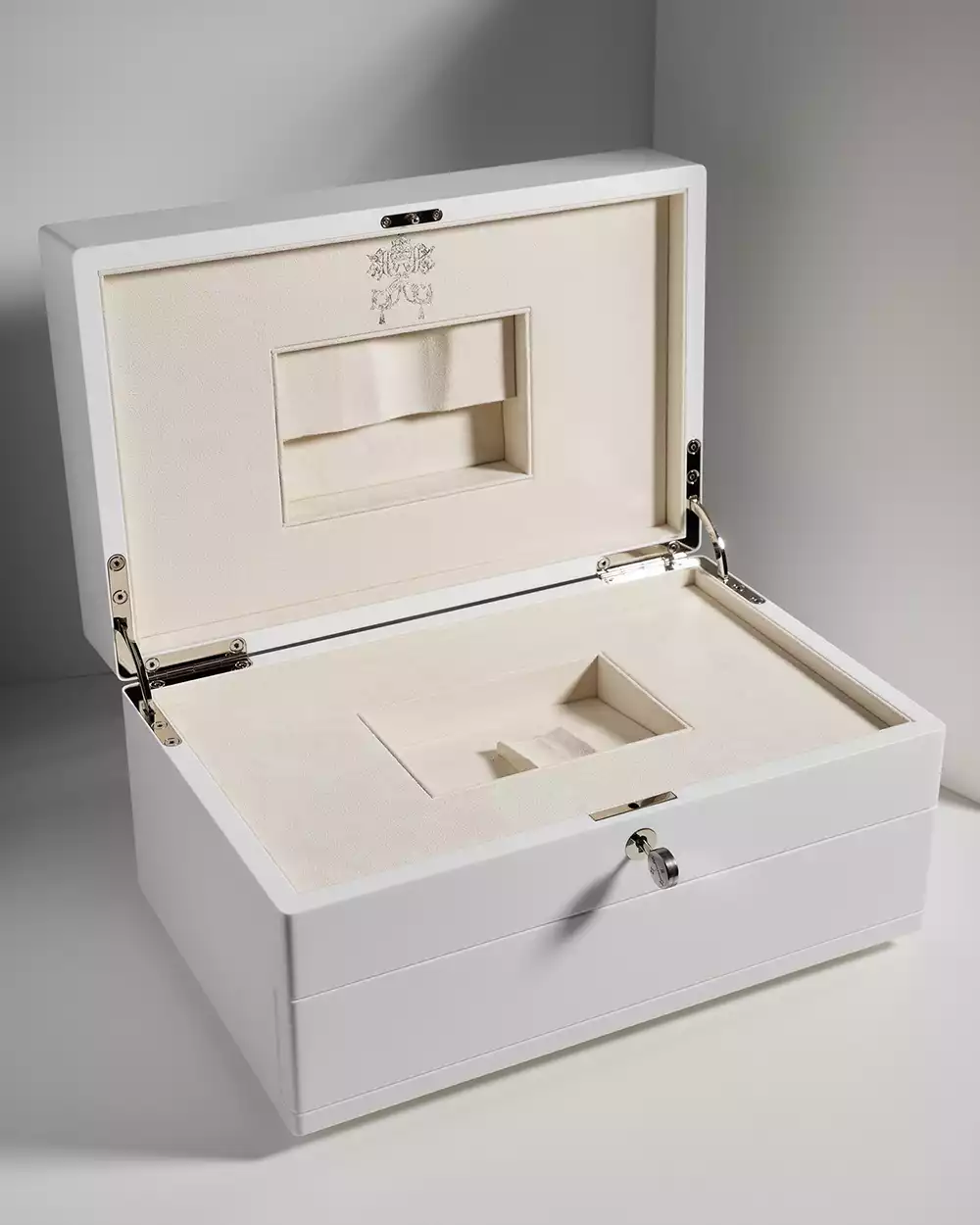 Custom white presentation box for the Pope Francis Leica M-A camera, showing the Vatican coat of arms