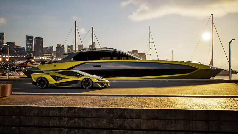 Lamborghini Fenomeno parked in front of the matching yellow Tecnomar for Lamborghini 101FT yacht at a marina