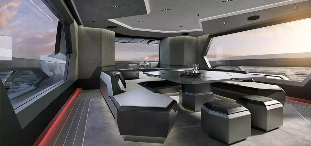 The luxurious and modern interior lounge of the Tecnomar for Lamborghini 101FT superyacht