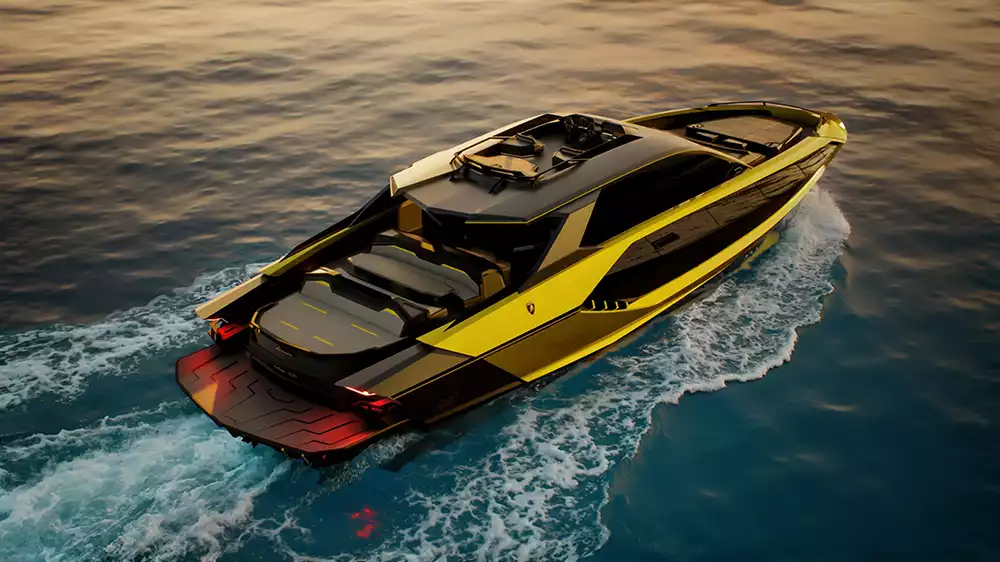 Rear view of the Tecnomar for Lamborghini 101FT yacht on the water, highlighting its open rear deck design