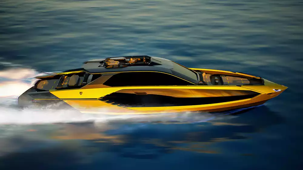 Side profile of the Lamborghini Tecnomar 101FT yacht moving at high speed across the water