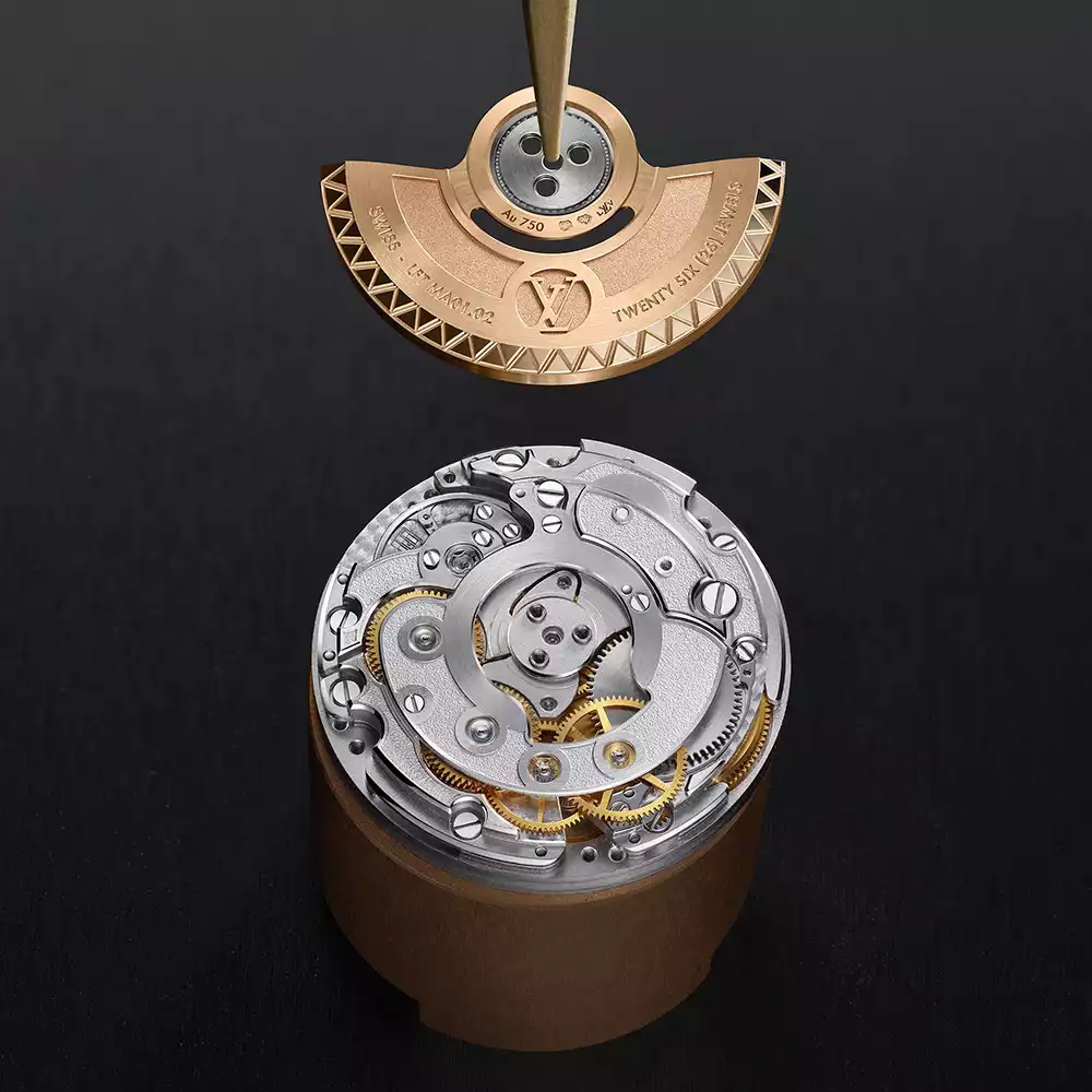 The in-house LFT MA01.02 automatic caliber with an 18k rose-gold rotor for the Louis Vuitton Monterey watch