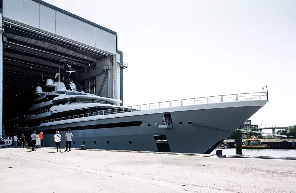 Gabe Newell's superyacht Leviathan being moved from the Oceanco shipyard building