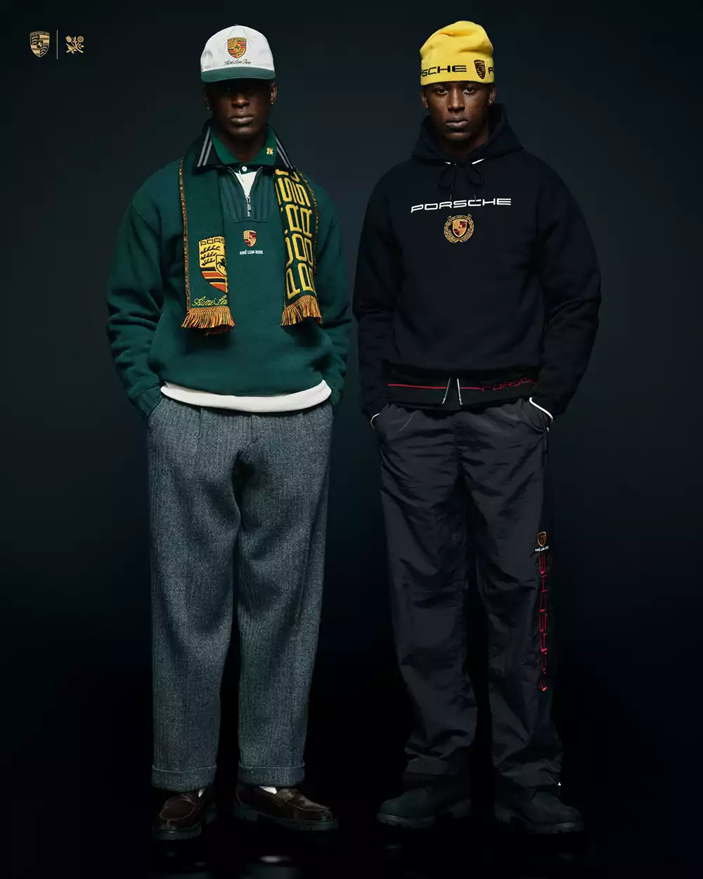 Two full looks from the Aimé Leon Dore × Porsche FW25 capsule, featuring a green sweater and a black Porsche logo hoodie