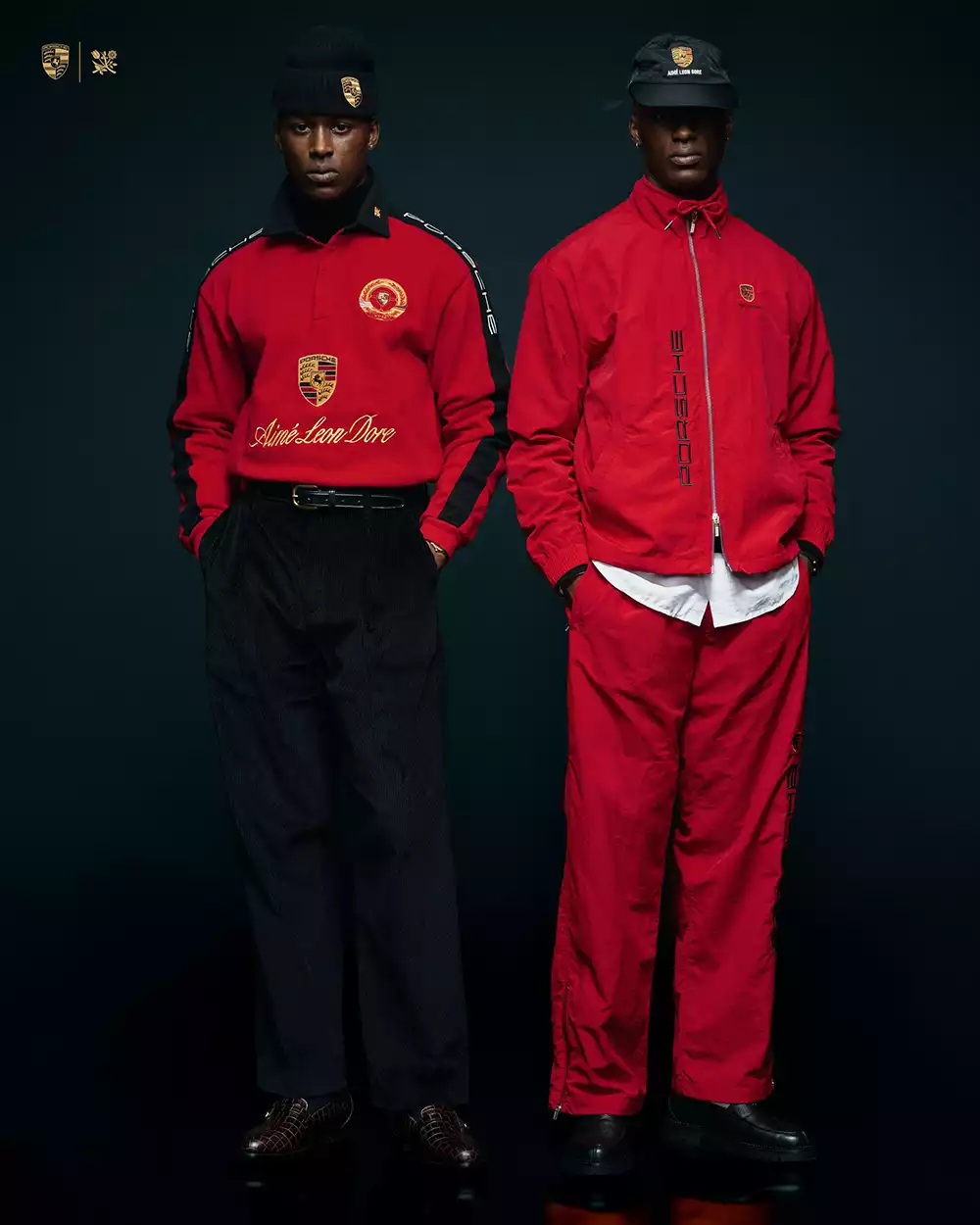 Models showcasing red pieces from the Aimé Leon Dore × Porsche FW25 collection 