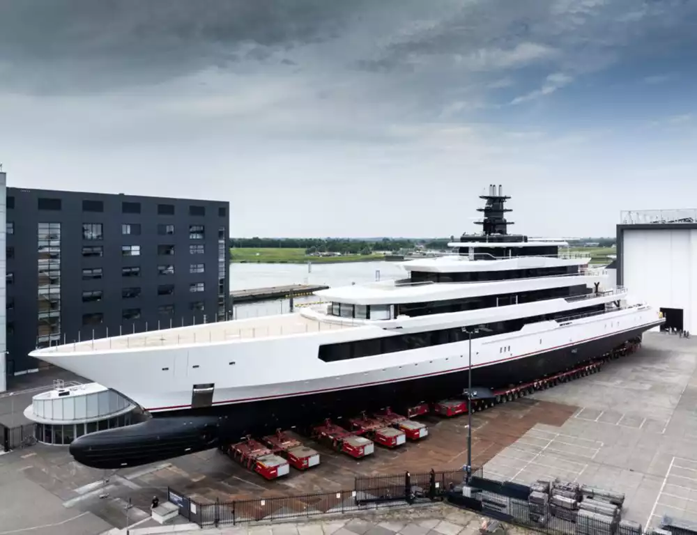 Aft view of Oceanco 111m DreAMBoat superyacht at dock