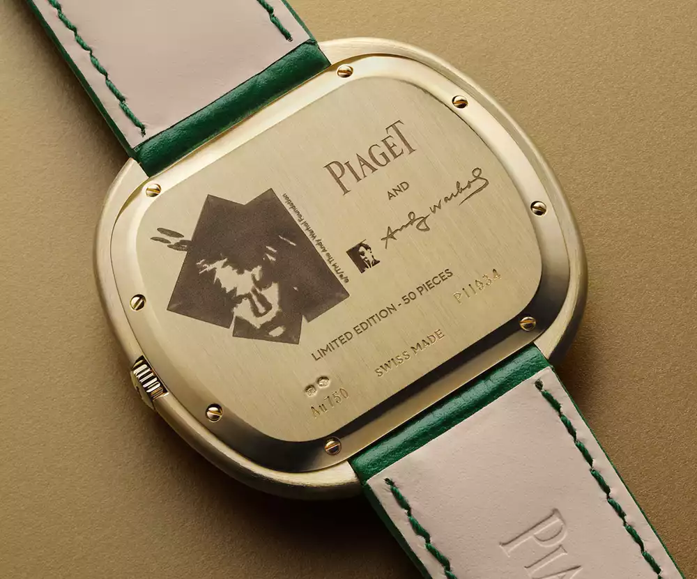 Engraved caseback of the Piaget Andy Warhol watch featuring his self-portrait and signature