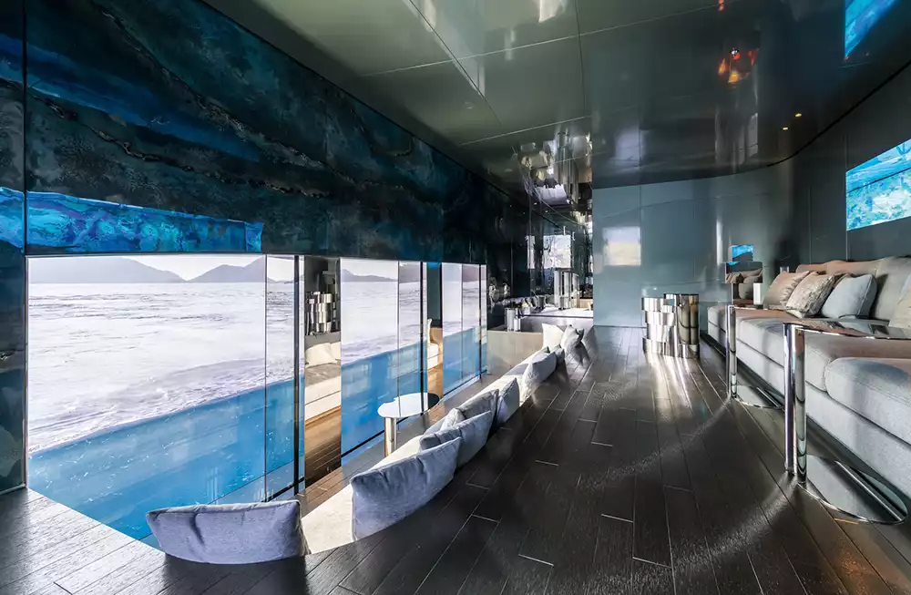 The unique semi-submerged Nemo Lounge on the Savannah superyacht for underwater viewing