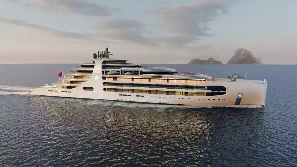 Stern view of the Mercedes-Maybach Beyond Horizons gigayacht at sea