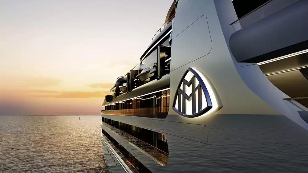 Close-up of the illuminated Maybach logo on the hull of the luxury superyacht concept