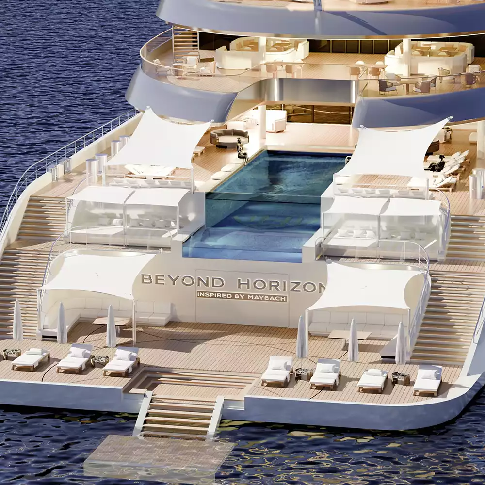 The 'Beyond Horizons' superyacht's multi-level pool deck and sun lounge area