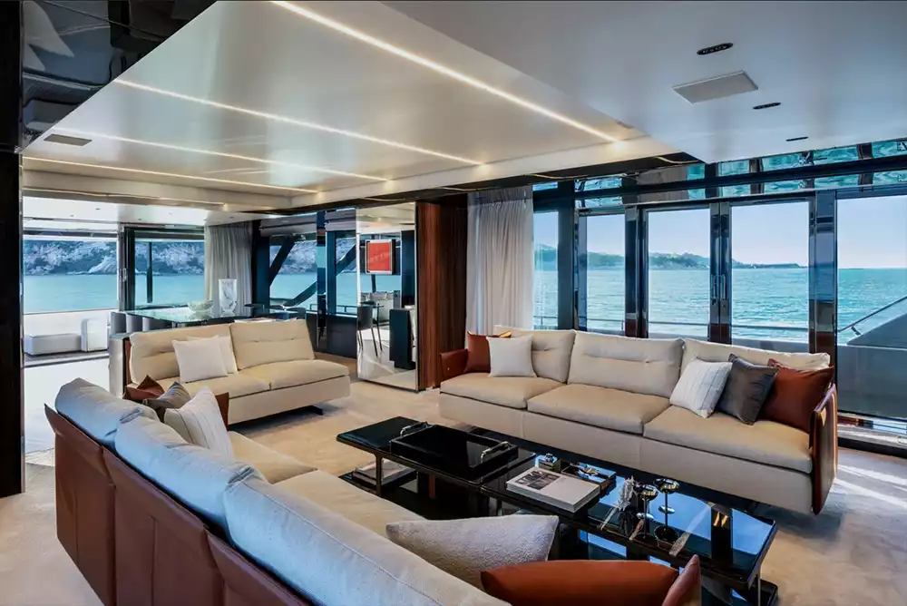 Aft deck lounge and dining area on the Riva 112 Dolcevita Super flybridge