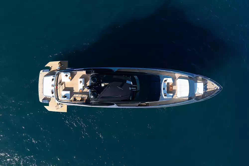 Aerial view showcasing the sleek lines and deck space of the new Riva yacht