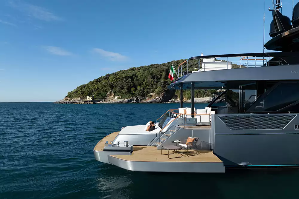 Expansive beach club and fold-out side terraces on the Riva 112 Dolcevita Super