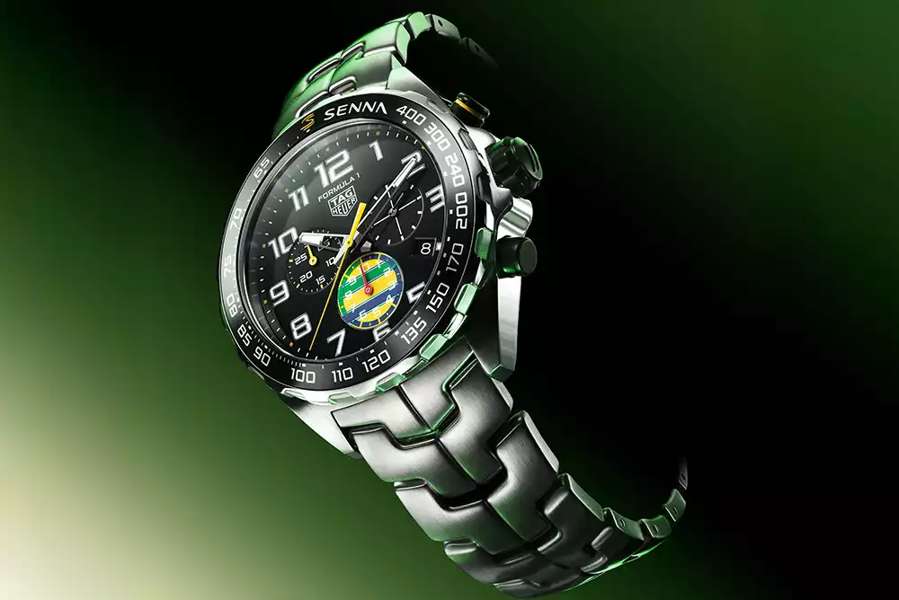 Close-up of the TAG Heuer Senna Chronograph dial showing the Brazilian flag colors and Formula 1 branding