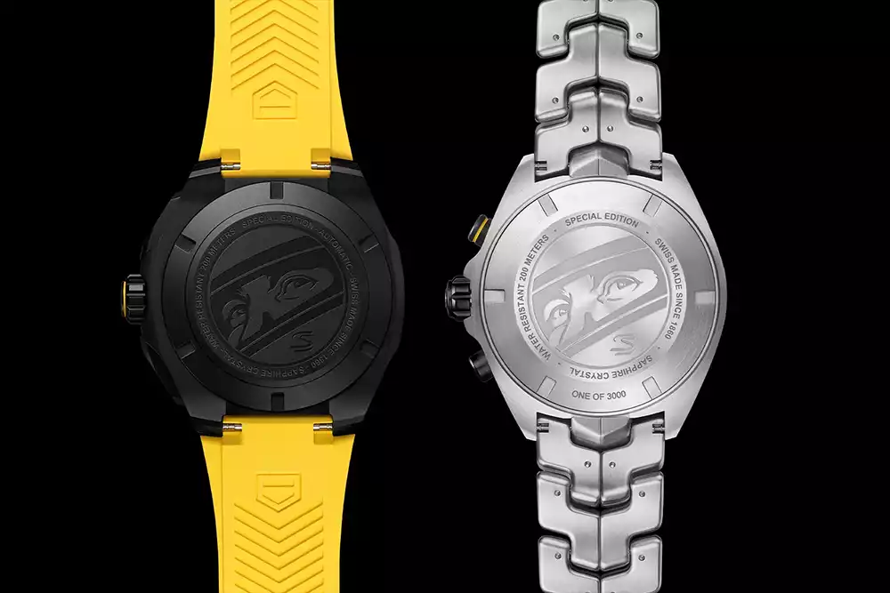 Engraved casebacks of the TAG Heuer Senna special edition watches, featuring an image of Ayrton Senna's helmet