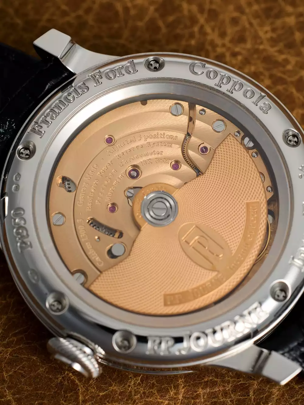 Gold movement and engraved caseback of the Francis Ford Coppola F.P. Journe watch