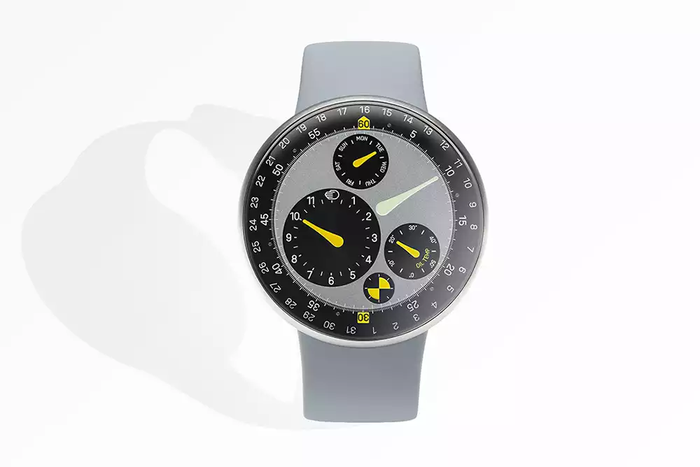 Dial view of Ressence x Marc Newson Type 3 MN showing grey dial and yellow hands