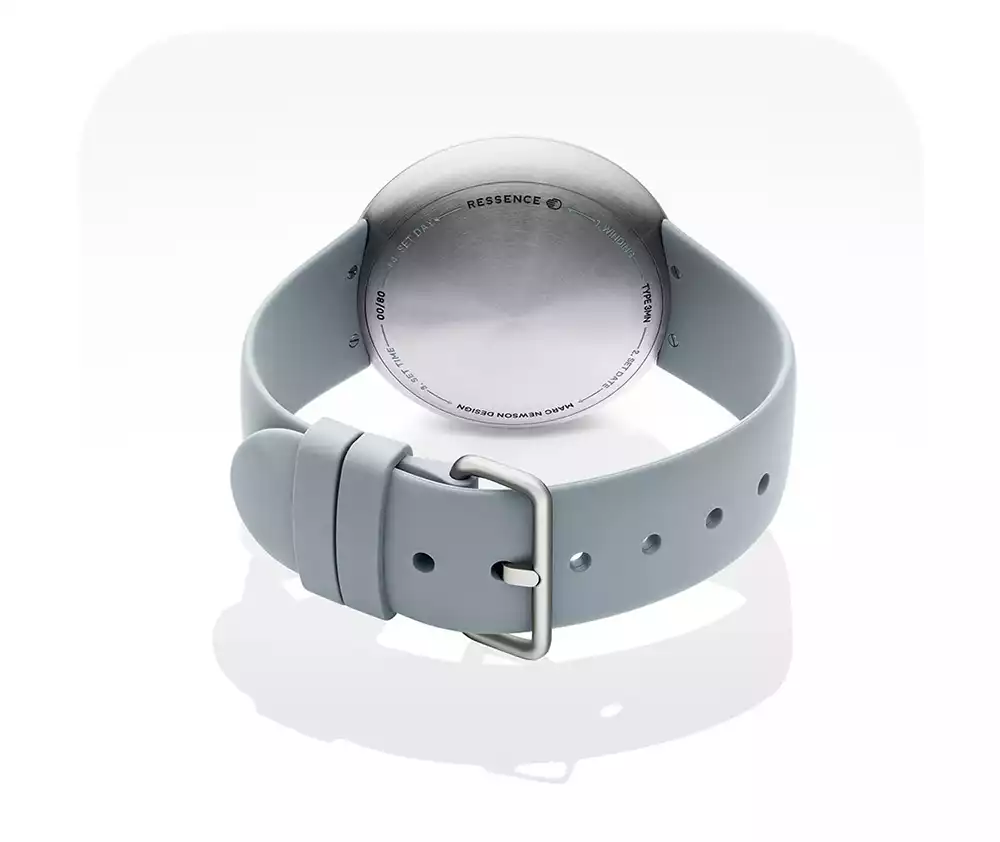 Titanium caseback of the Ressence x Marc Newson Type 3 MN showing limited edition engraving