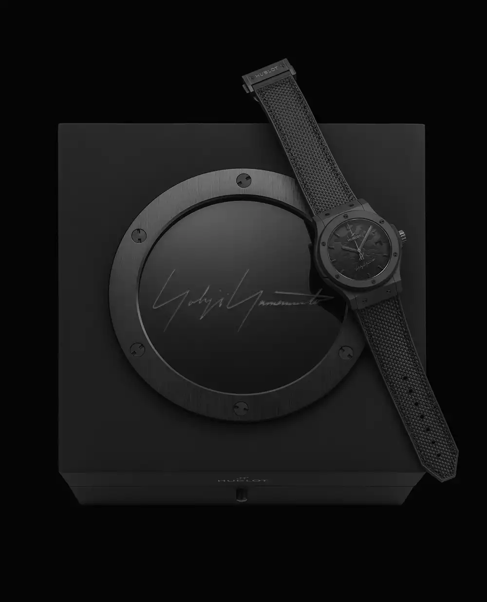 Packaging and box set for the limited edition Hublot Classic Fusion Yohji Yamamoto All Black Camo
