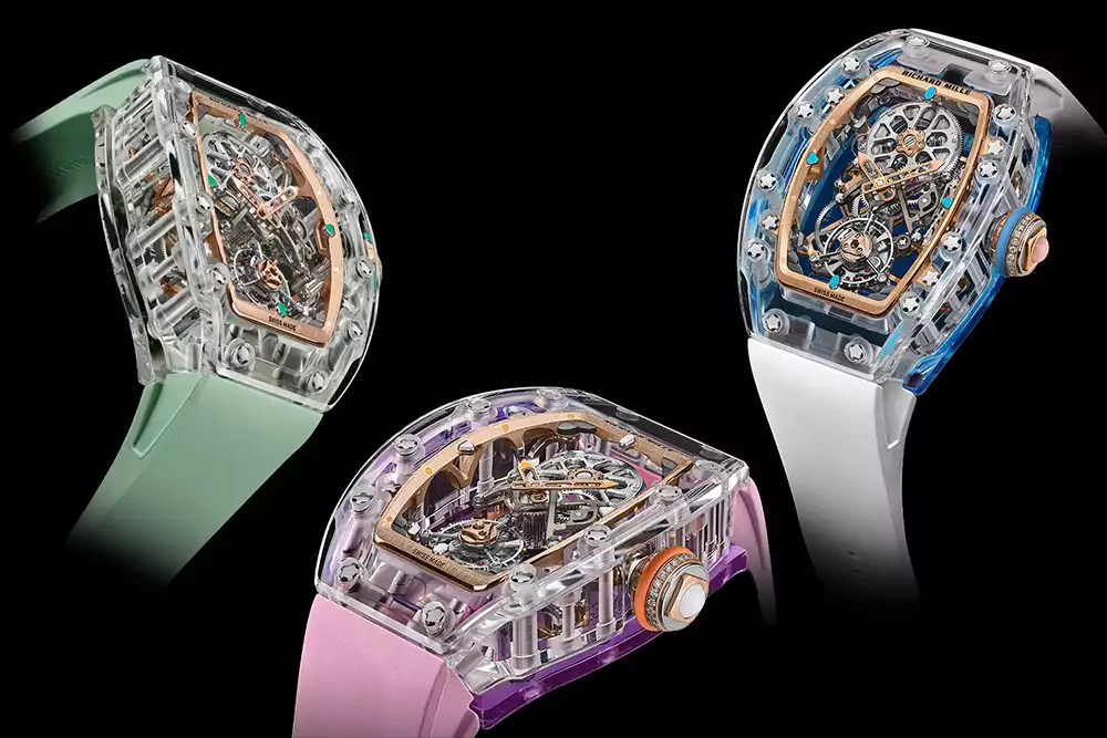 The Richard Mille RM 75-01 Sapphire collection in green, pink, and blue colorways
