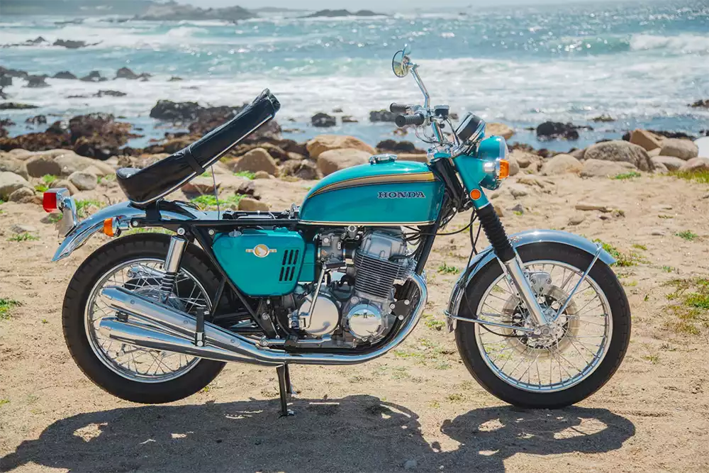 Engine detail of the 1968 Honda CB750 Prototype showing the sandcast case