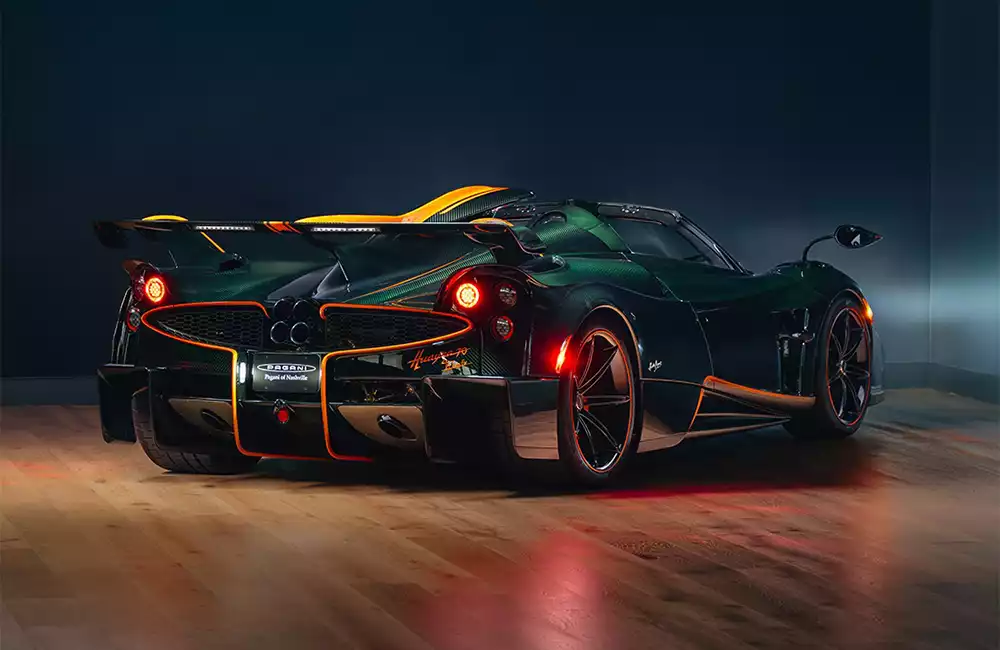 Rear view of the Pagani Huayra 70 Trionfo showcasing the quad exhaust and diffuser
