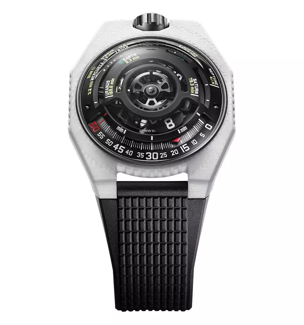 White Urwerk UR-100V LightSpeed watch with textured black rubber strap