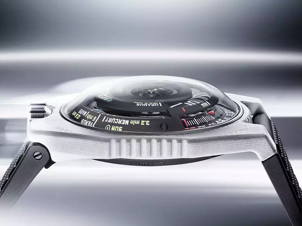 Side profile of the Urwerk UR-100V ceramic case showing thickness and sapphire crystal