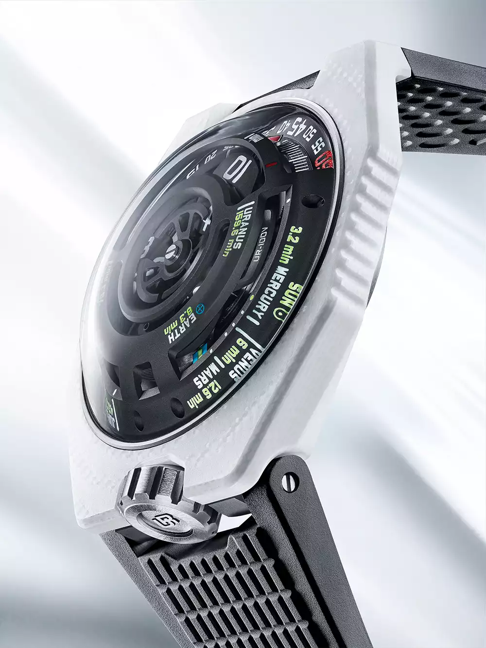 Close up of the planet distance indicators on the Urwerk UR-100V LightSpeed dial